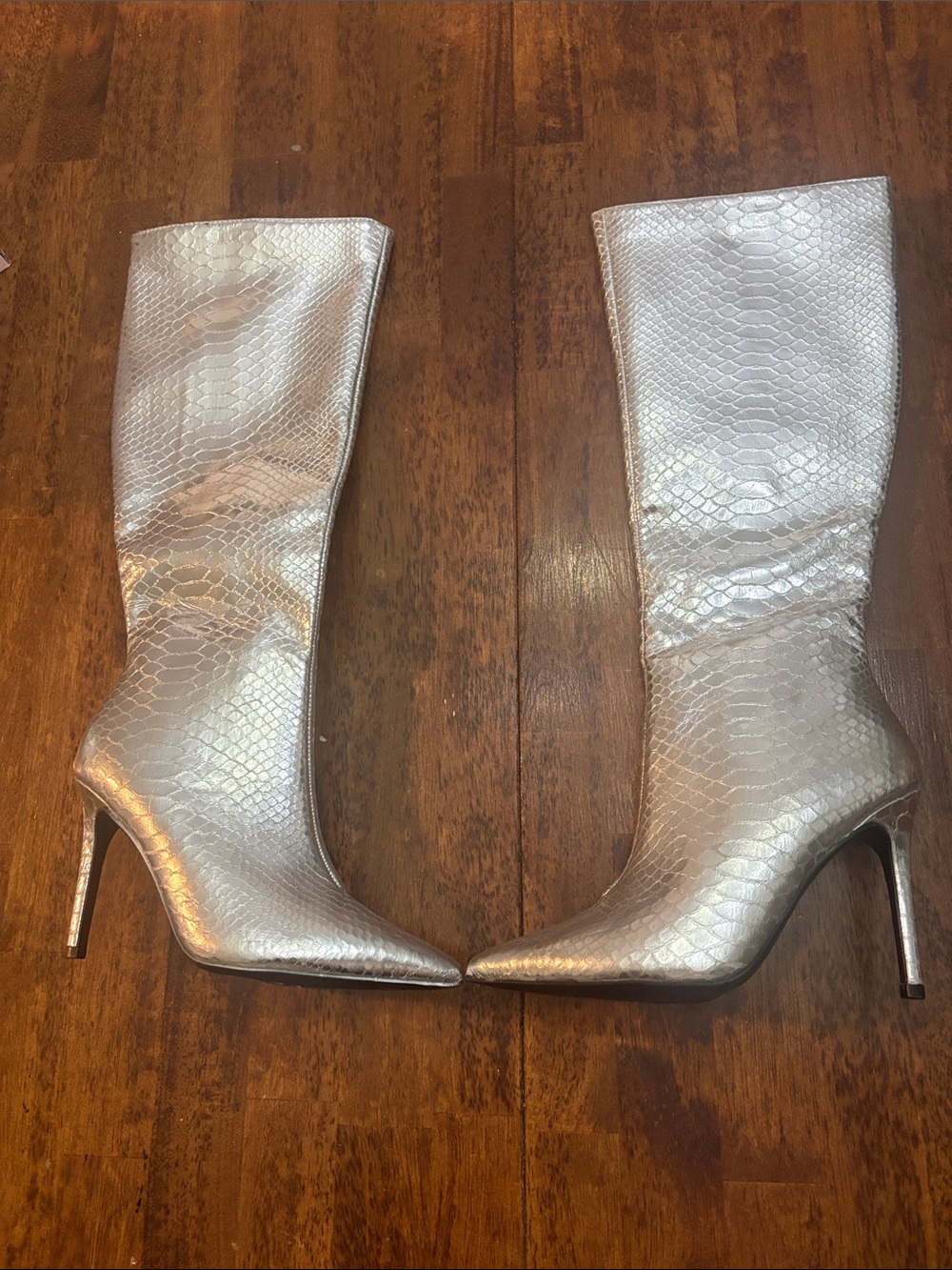 INC International Concepts Silver Snake-Embossed Knee-High Stiletto Boots